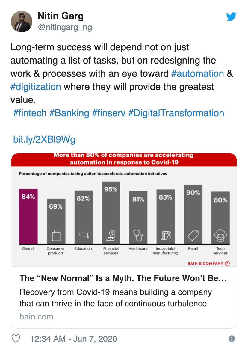 Nitin Garg shares Bain Insights piece on accelerating automation projects due to COVID-19
